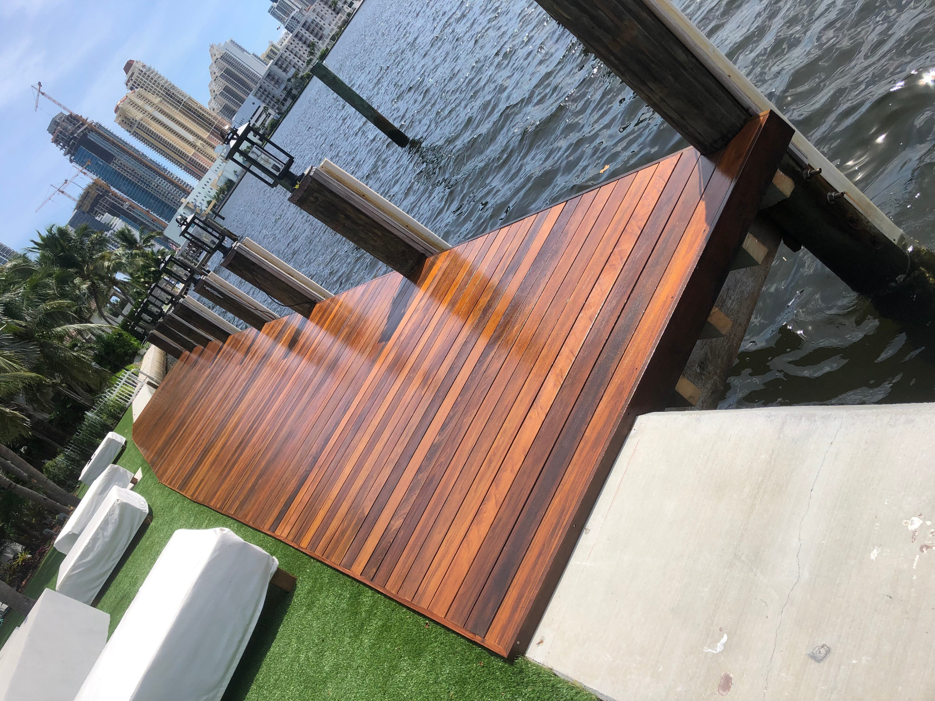 Premium hardwood deck with Miami skyline